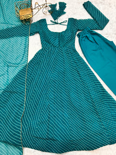 Teal Blue Leheriya Printed Georgette Flared Anarkali Gown with Dupatta & Pant Set