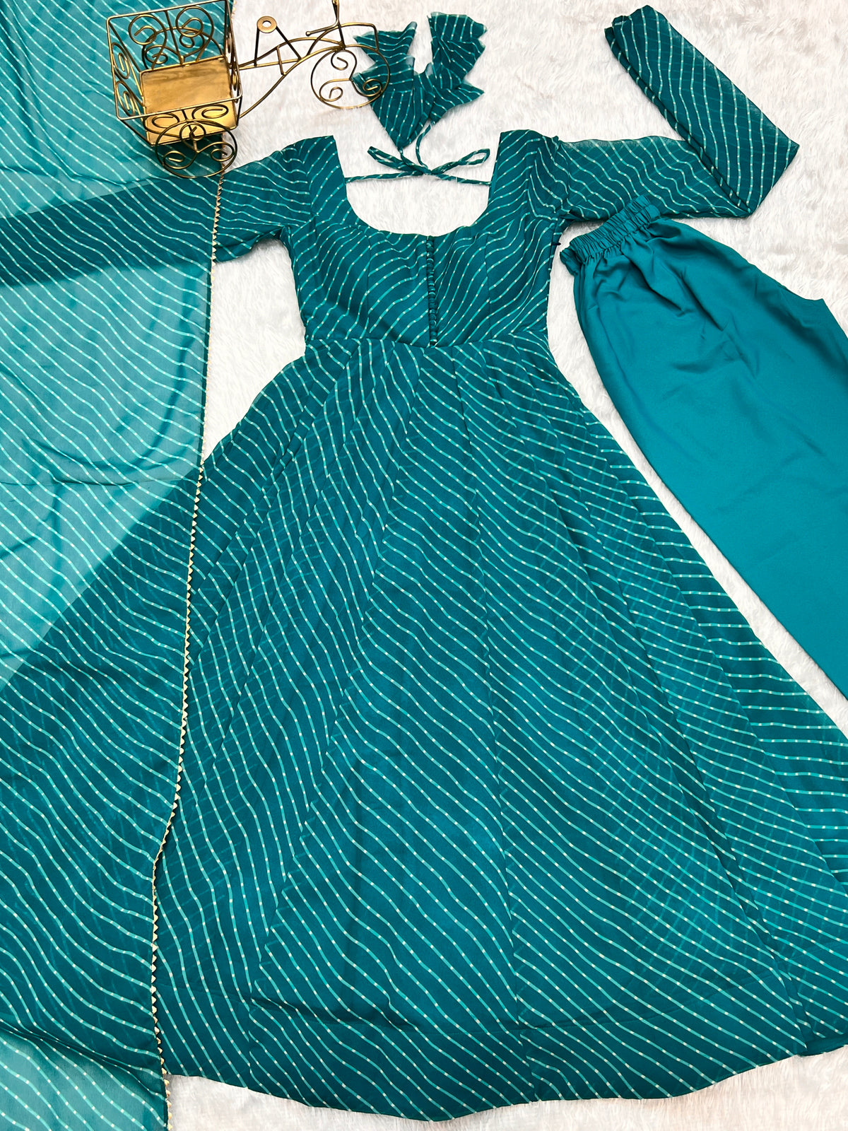 Teal Blue Leheriya Printed Georgette Flared Anarkali Gown with Dupatta & Pant Set