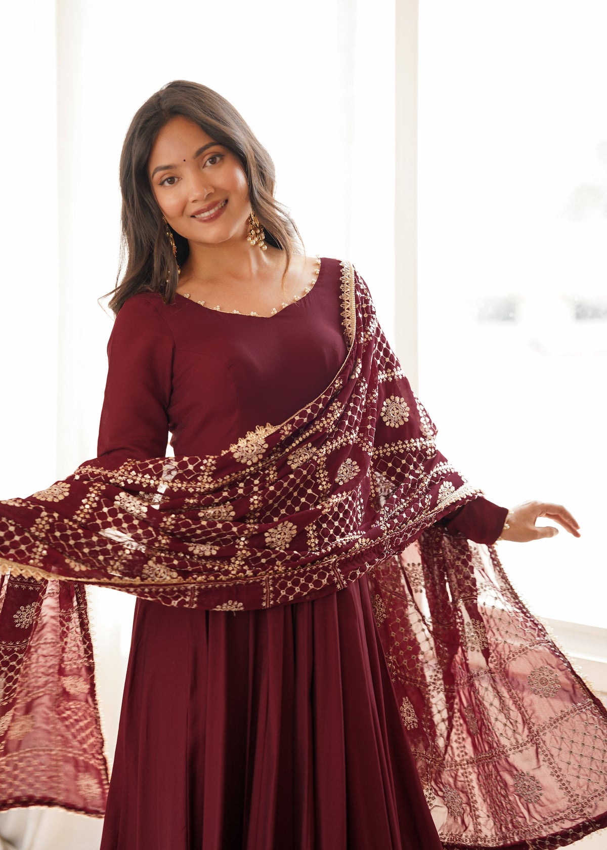 Wine Maroon Premium Romansilk Chanderi 16-Kali Flared Anarkali Gown with Embroidered Dupatta & Pant Set