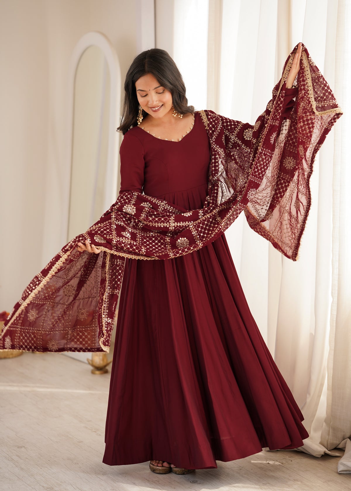 Wine Maroon Premium Romansilk Chanderi 16-Kali Flared Anarkali Gown with Embroidered Dupatta & Pant Set
