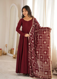 Wine Maroon Premium Romansilk Chanderi 16-Kali Flared Anarkali Gown with Embroidered Dupatta & Pant Set