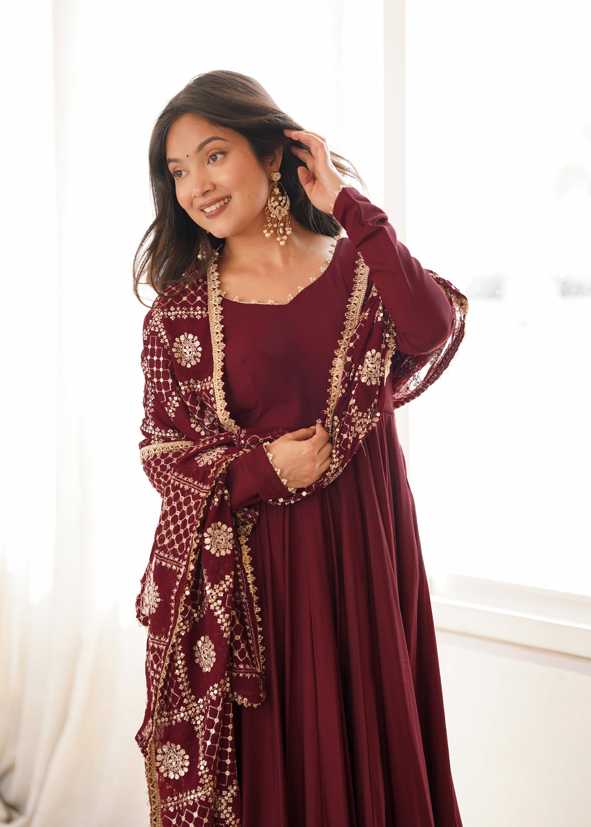 Wine Maroon Premium Romansilk Chanderi 16-Kali Flared Anarkali Gown with Embroidered Dupatta & Pant Set