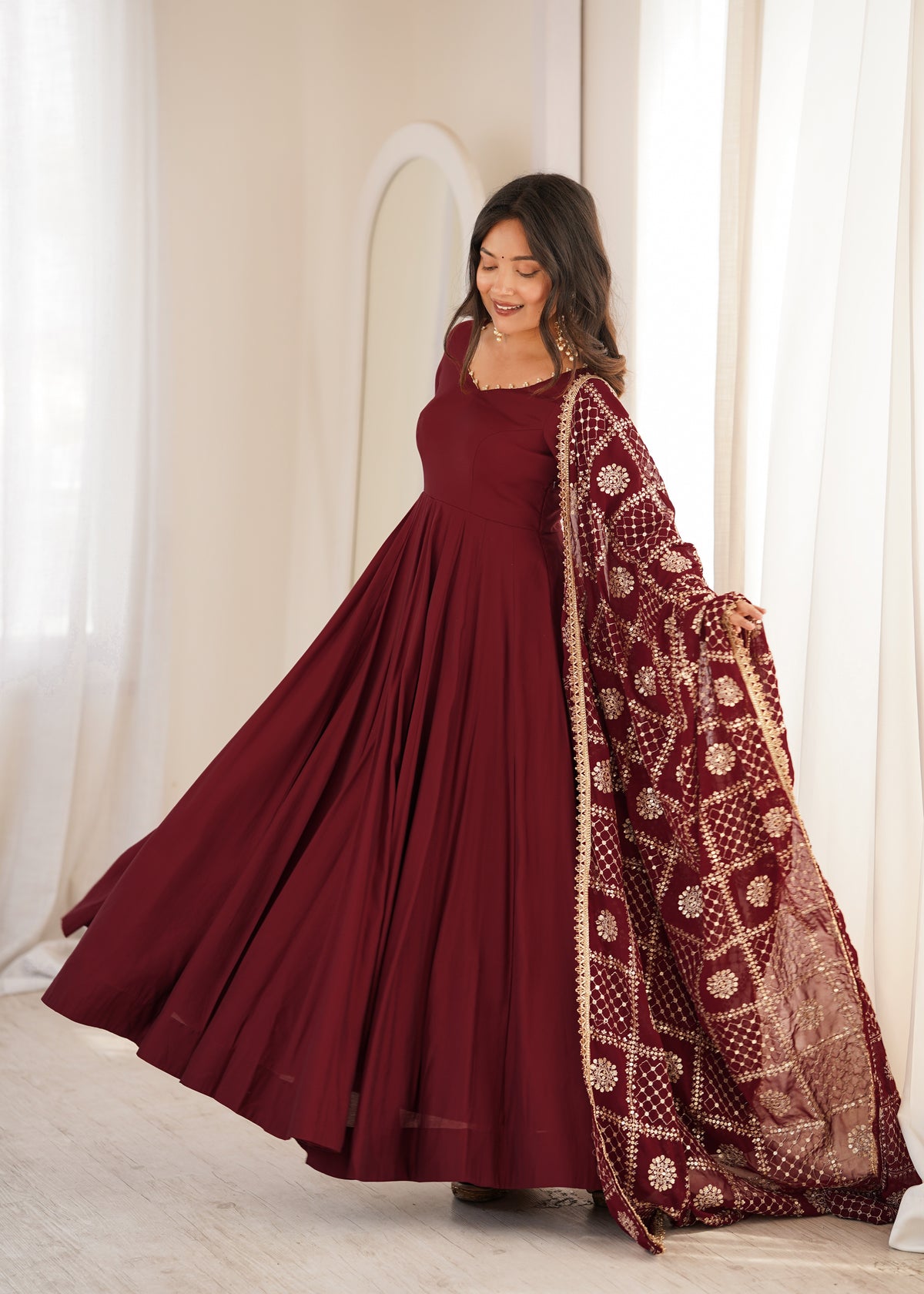 Wine Maroon Premium Romansilk Chanderi 16-Kali Flared Anarkali Gown with Embroidered Dupatta & Pant Set