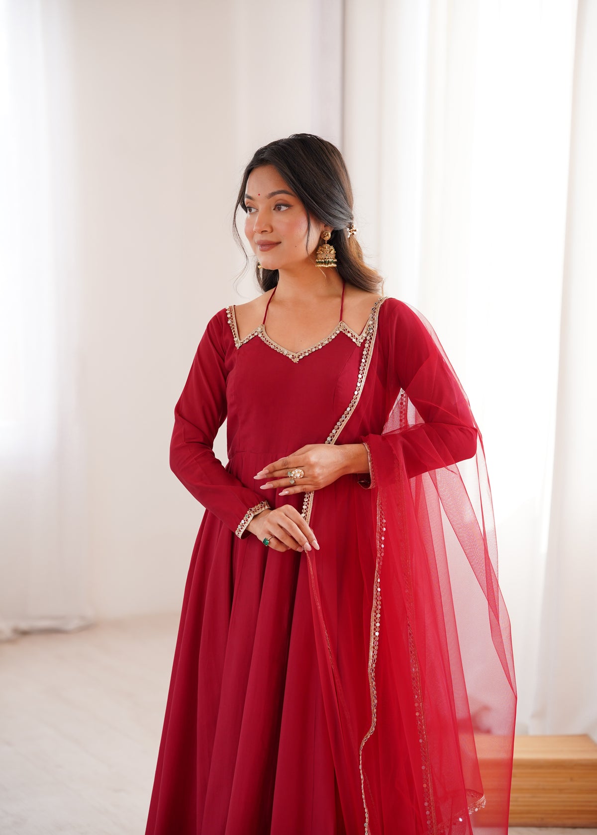 Premium Maroon Romansilk Chanderi Flared Anarkali Gown with Net Dupatta & Pant Set