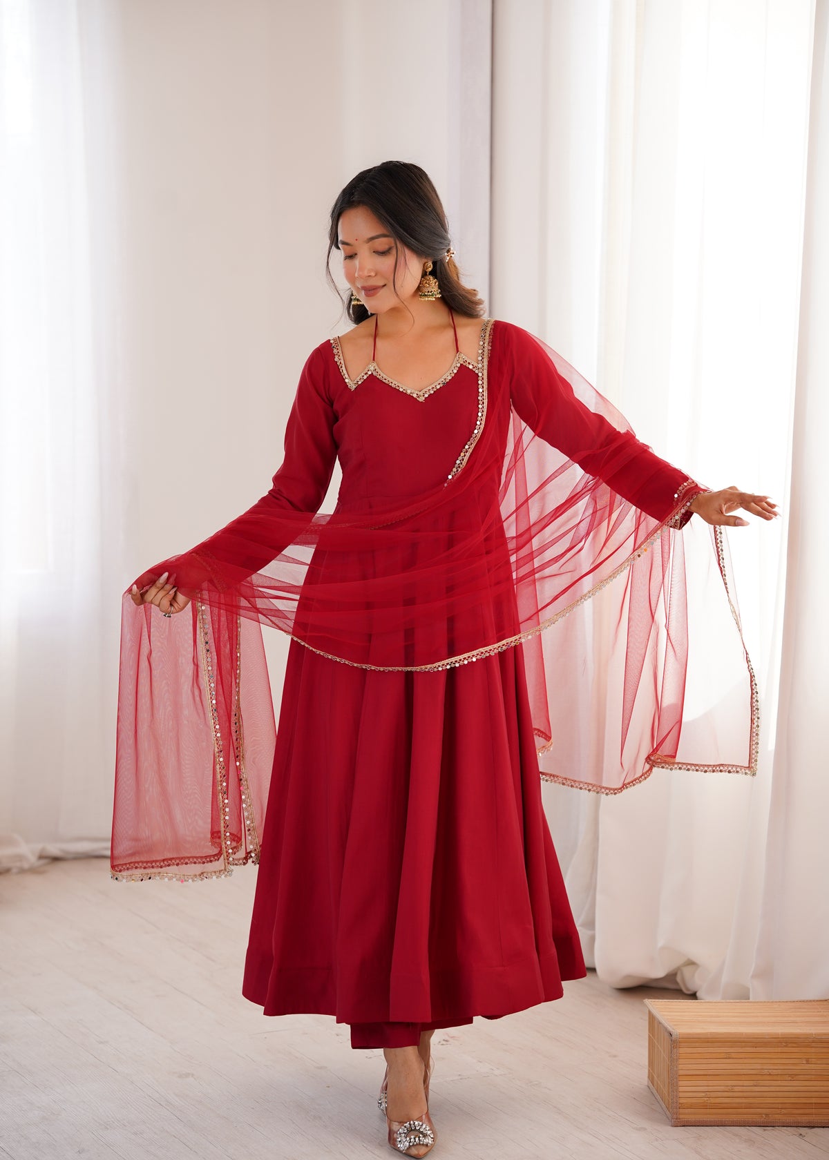 Premium Maroon Romansilk Chanderi Flared Anarkali Gown with Net Dupatta & Pant Set