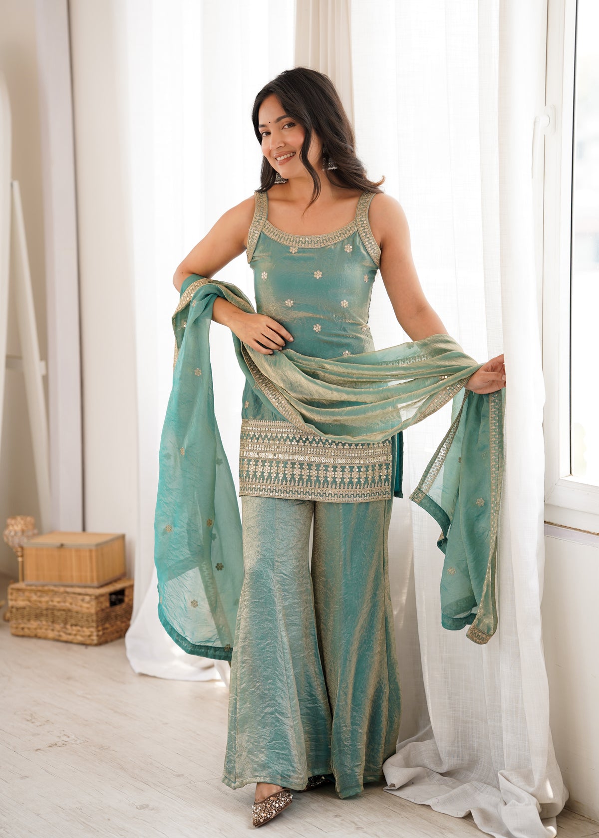 Sea Green Fendy Silk Embroidered Sleeveless Kurta with Bell Bottom Pants & Dupatta Set