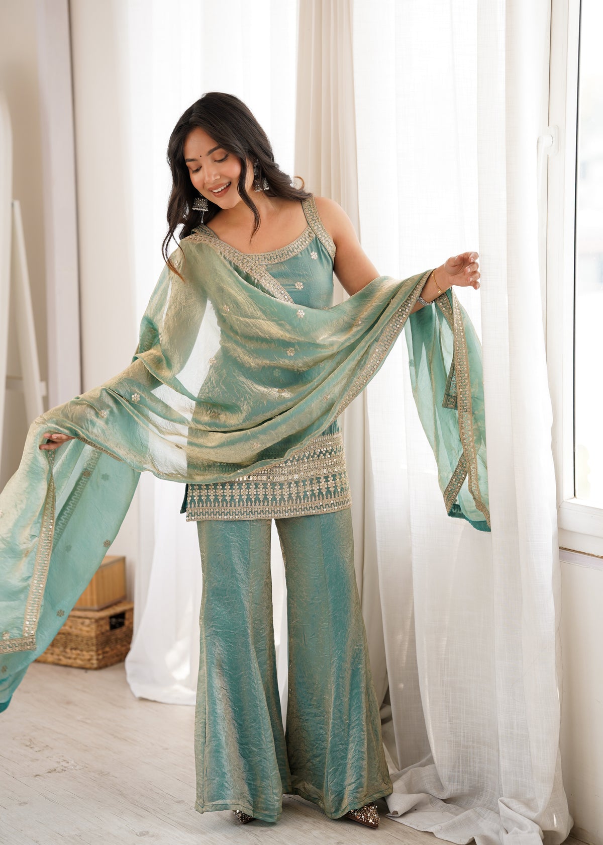 Sea Green Fendy Silk Embroidered Sleeveless Kurta with Bell Bottom Pants & Dupatta Set