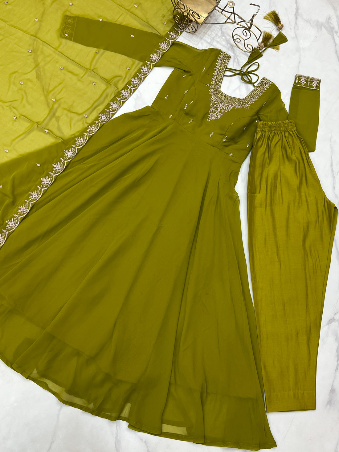 Mehendi Green Embroidered Georgette Flared Anarkali Gown with Dupatta & Pant Set