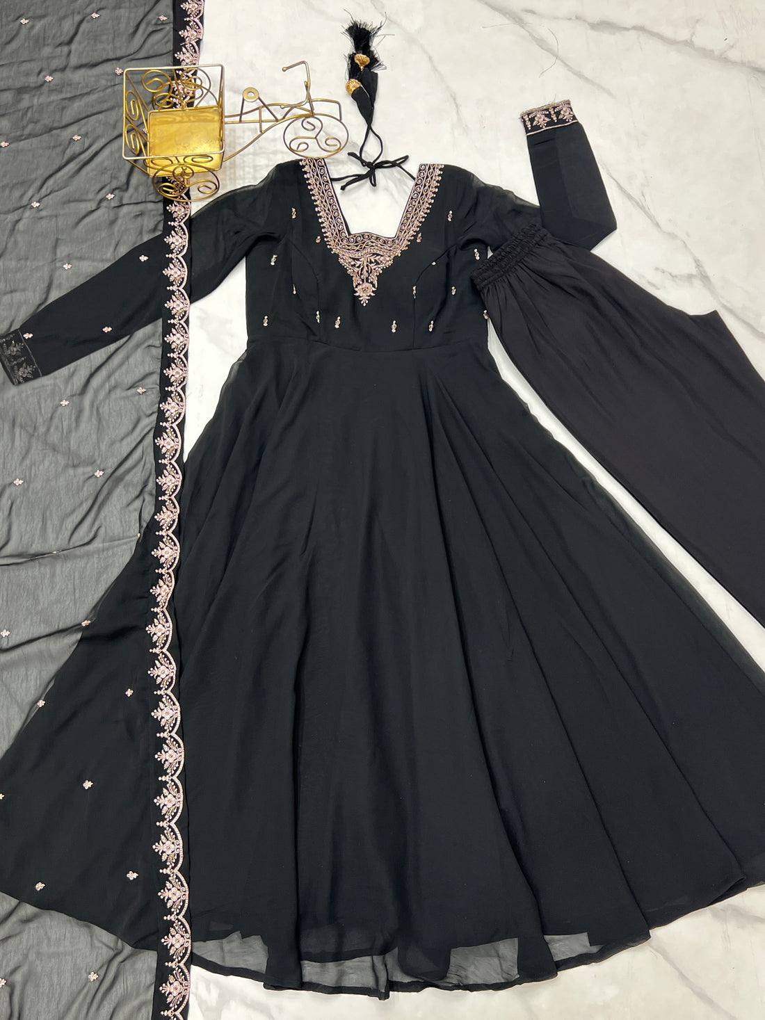 Black Embroidered Fox Georgette Flared Anarkali Gown with Dupatta & Pant Set