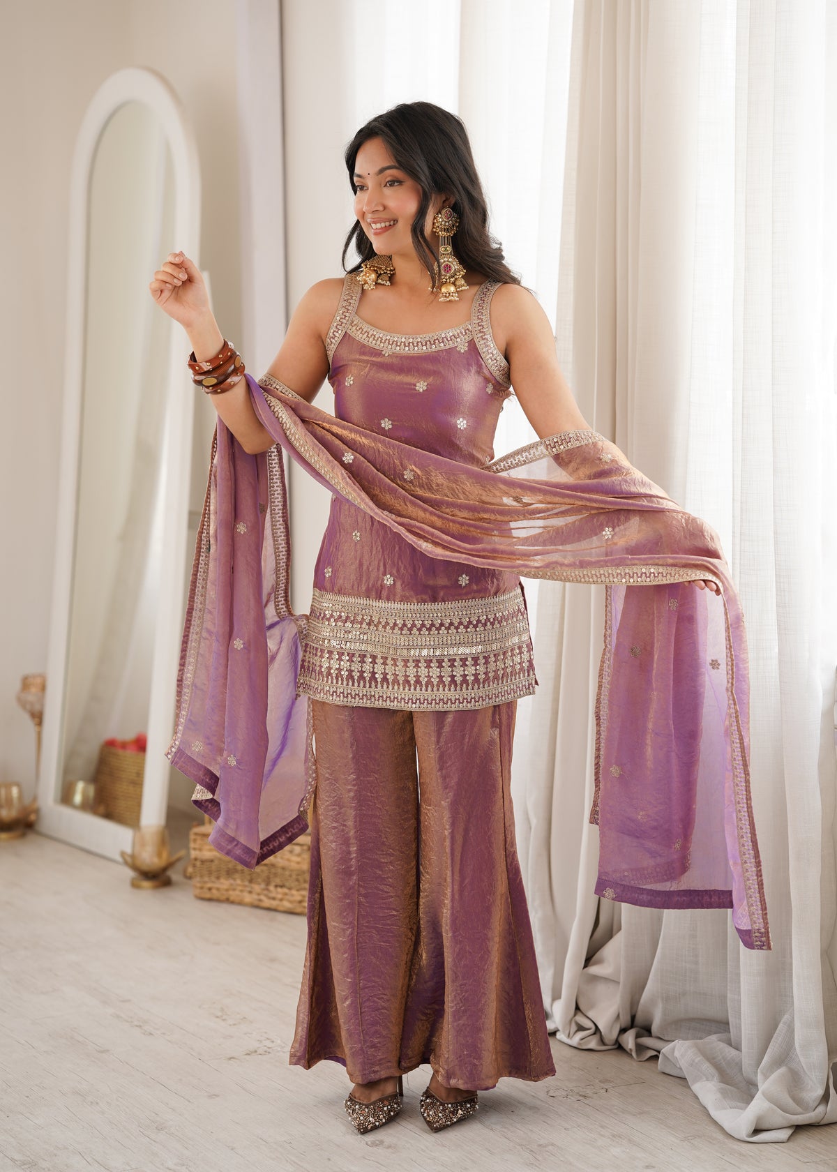 Dusty Mauve Fendy Silk Embroidered Sleeveless Kurta with Bell Bottom Pants & Dupatta Set