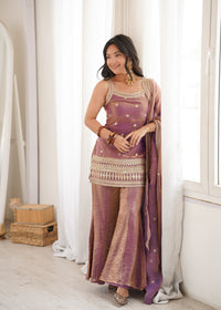 Dusty Mauve Fendy Silk Embroidered Sleeveless Kurta with Bell Bottom Pants & Dupatta Set