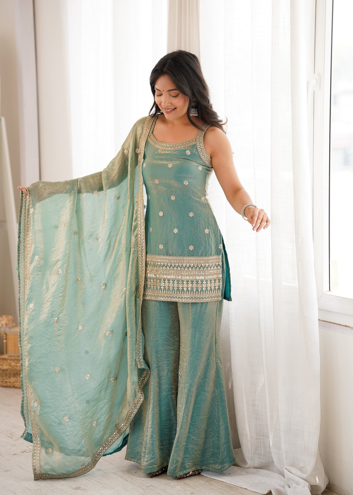 Sea Green Fendy Silk Embroidered Sleeveless Kurta with Bell Bottom Pants & Dupatta Set