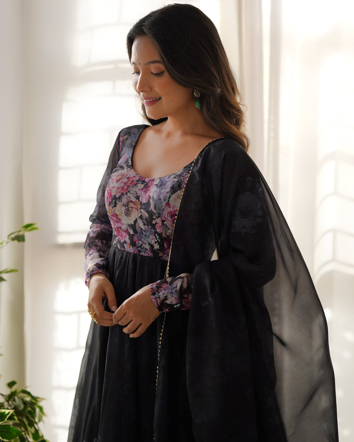 Black Floral Printed Soft Organza Silk Flared Anarkali Gown with Dupatta & Pant Set