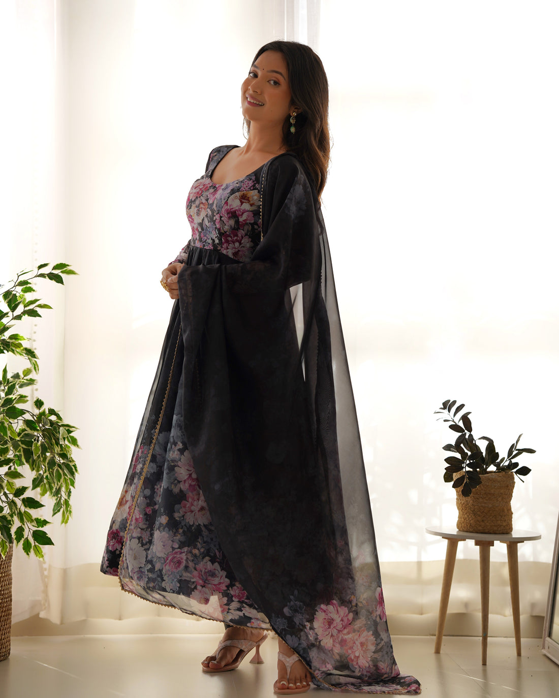 Black Floral Printed Soft Organza Silk Flared Anarkali Gown with Dupatta & Pant Set