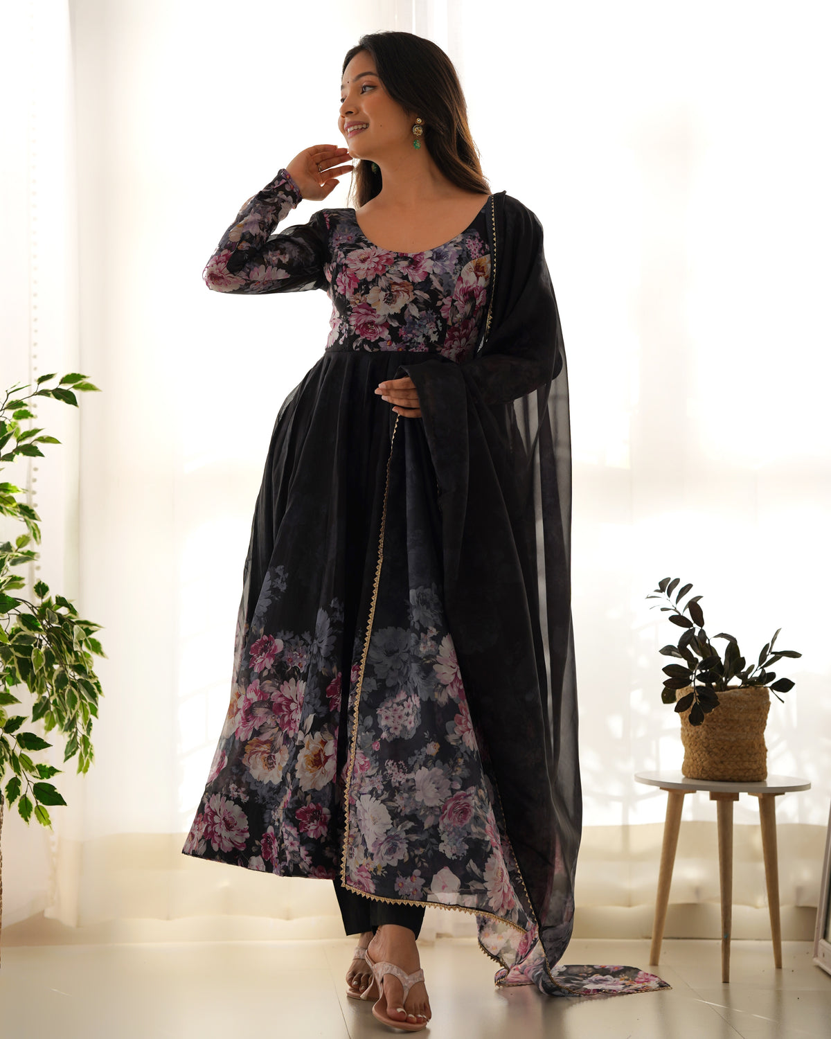 Black Floral Printed Soft Organza Silk Flared Anarkali Gown with Dupatta & Pant Set