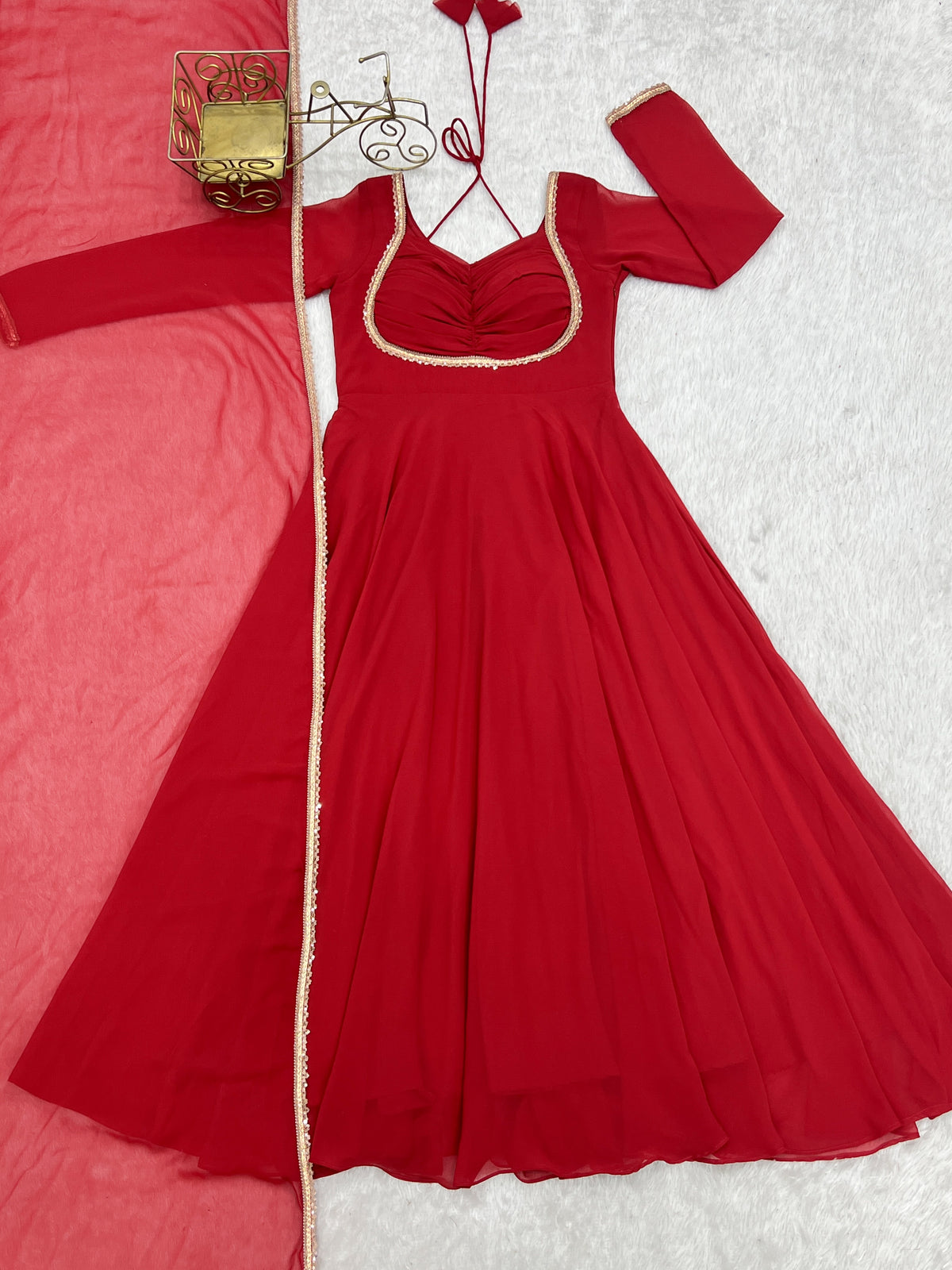 Red Georgette Flared Anarkali Gown with Dupatta Set