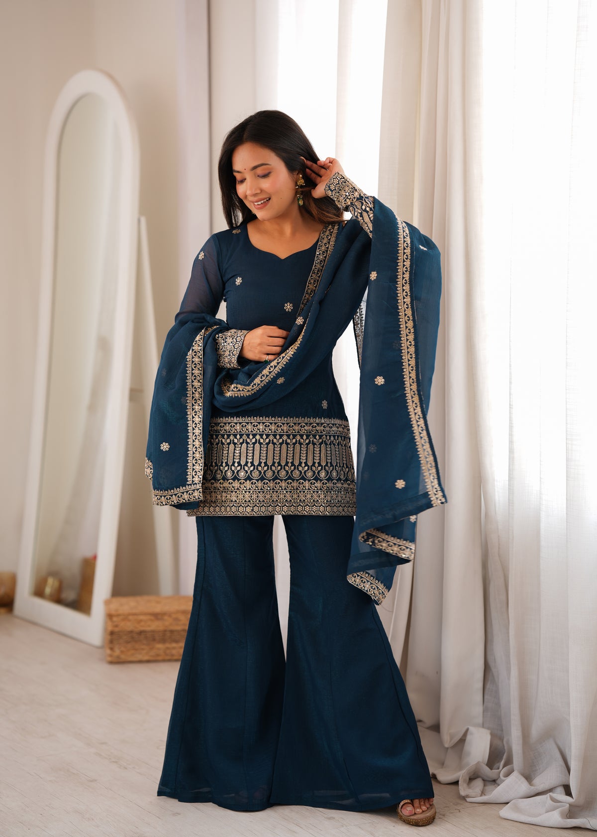 Teal Blue Crunchy Silk Embroidered Kurta with Bell Bottom Pants & Dupatta Set