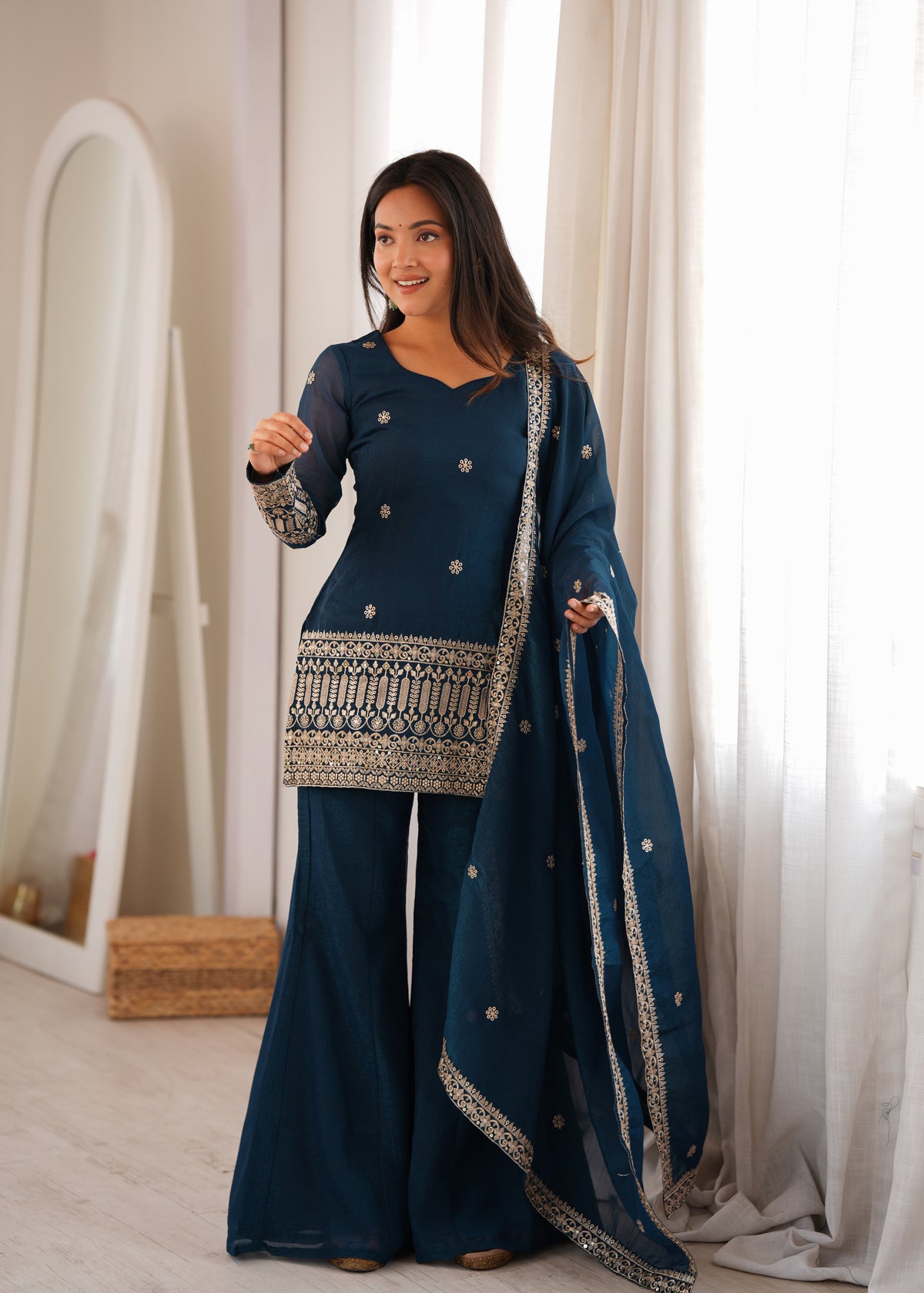 Teal Blue Crunchy Silk Embroidered Kurta with Bell Bottom Pants & Dupatta Set