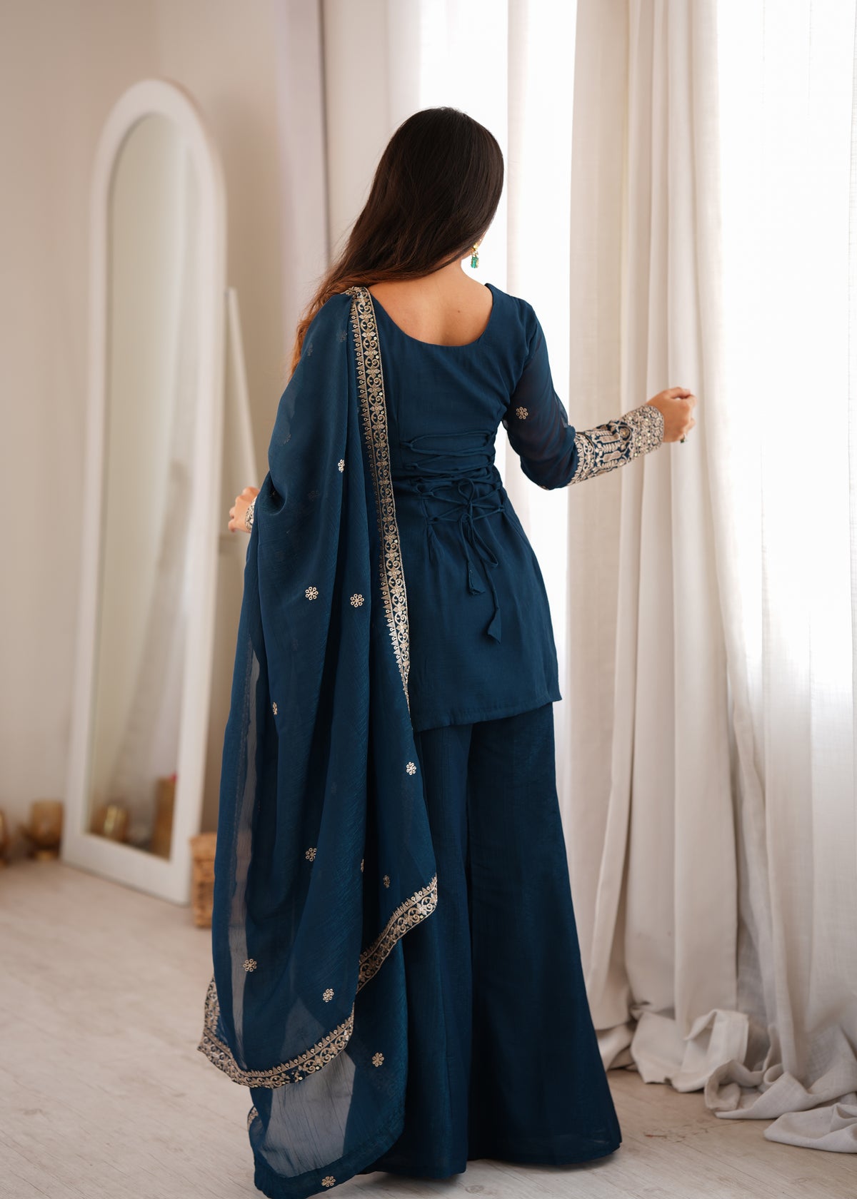 Teal Blue Crunchy Silk Embroidered Kurta with Bell Bottom Pants & Dupatta Set
