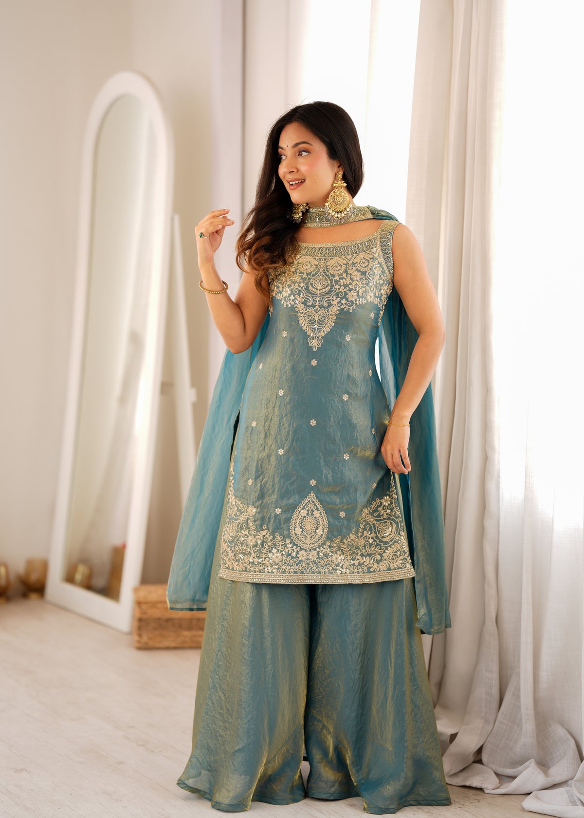 Sea Green Fendy Silk Embroidered Kurta with Flared Sharara & Dupatta Set