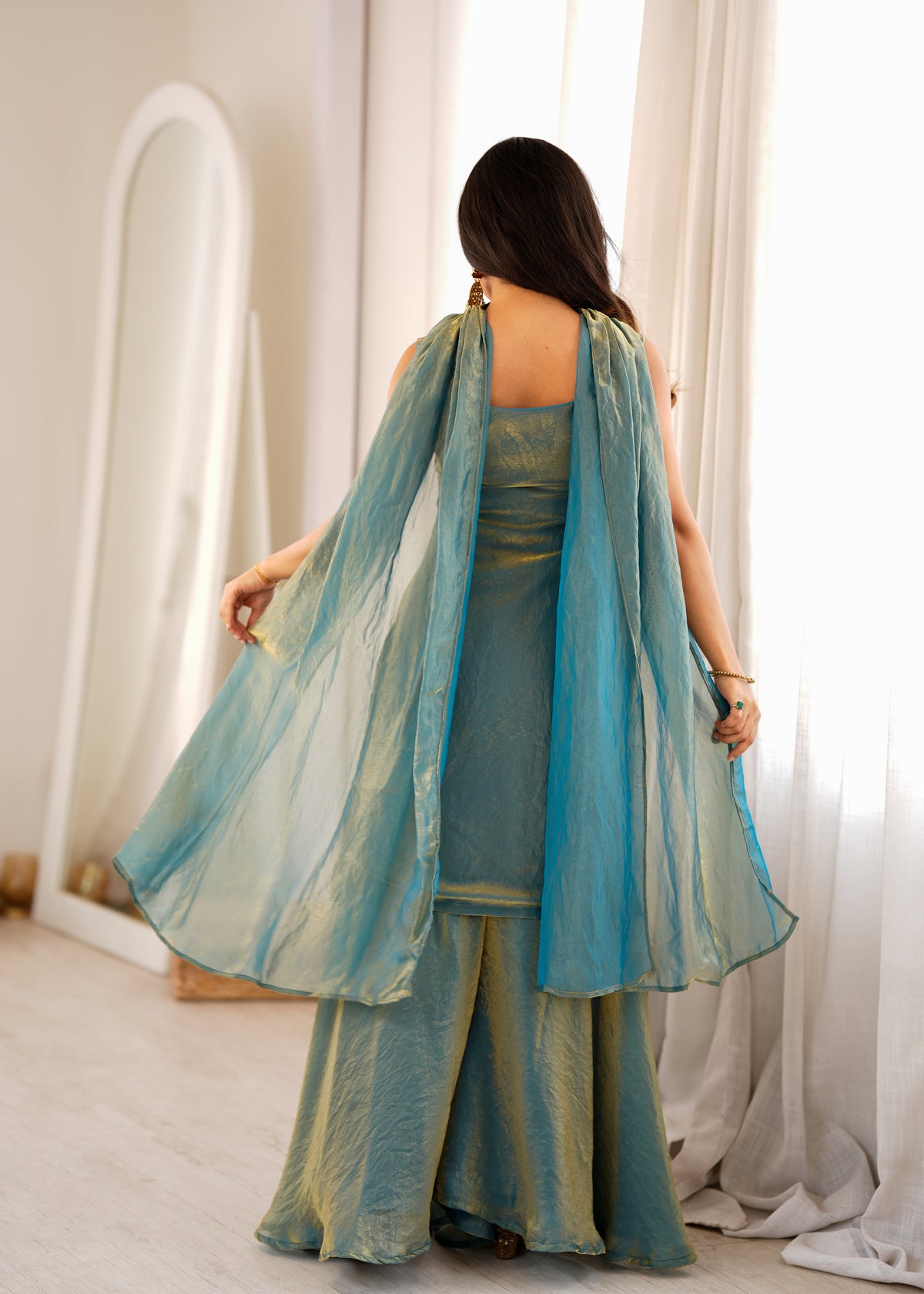 Sea Green Fendy Silk Embroidered Kurta with Flared Sharara & Dupatta Set
