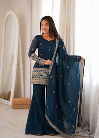 Teal Blue Crunchy Silk Embroidered Kurta with Bell Bottom Pants & Dupatta Set