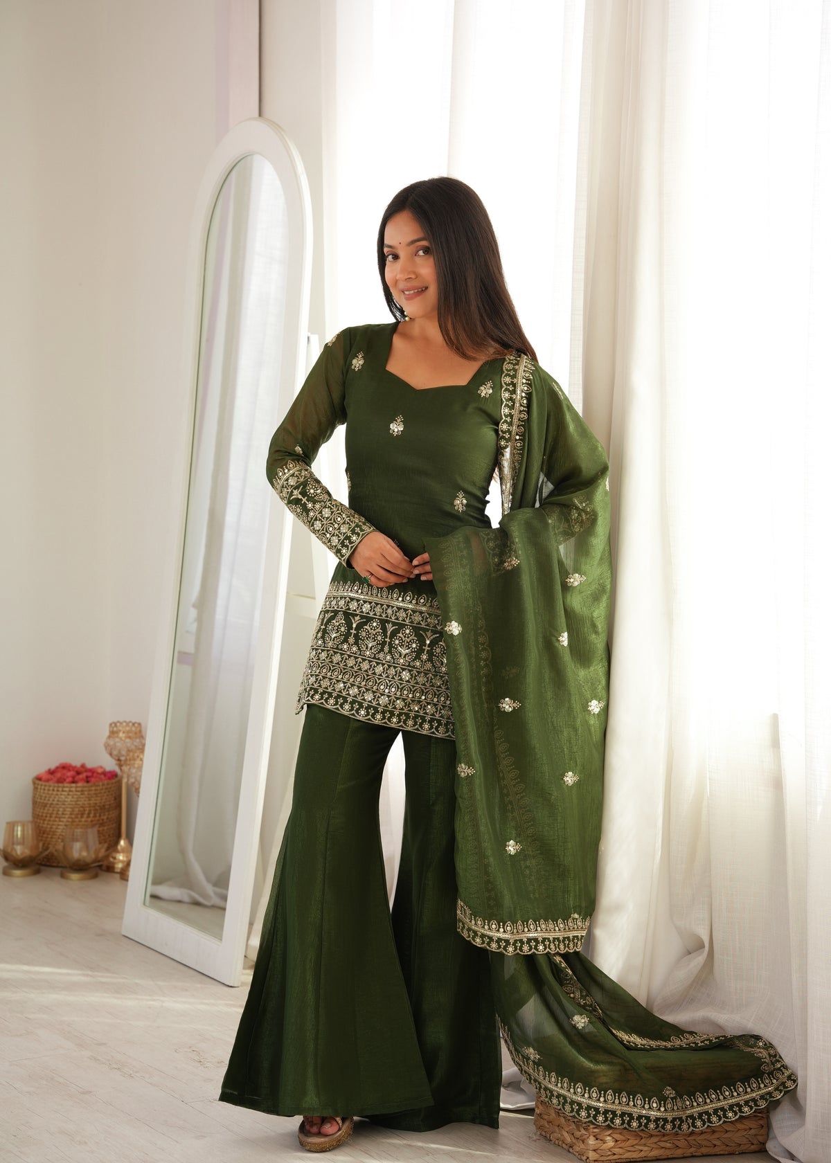 Olive Green Crunchy Silk Embroidered Kurta with Bell Bottom Pants & Dupatta Set