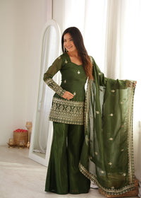 Olive Green Crunchy Silk Embroidered Kurta with Bell Bottom Pants & Dupatta Set