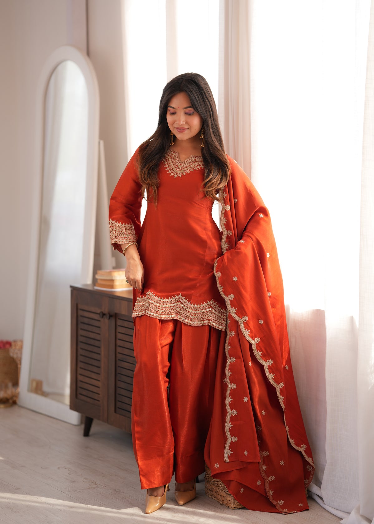 Rust Orange Glass Roman Silk Embroidered Kurta with Farshi Salwar & Dupatta Set