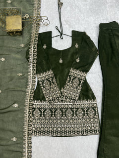 Olive Green Crunchy Silk Embroidered Kurta with Bell Bottom Pants & Dupatta Set