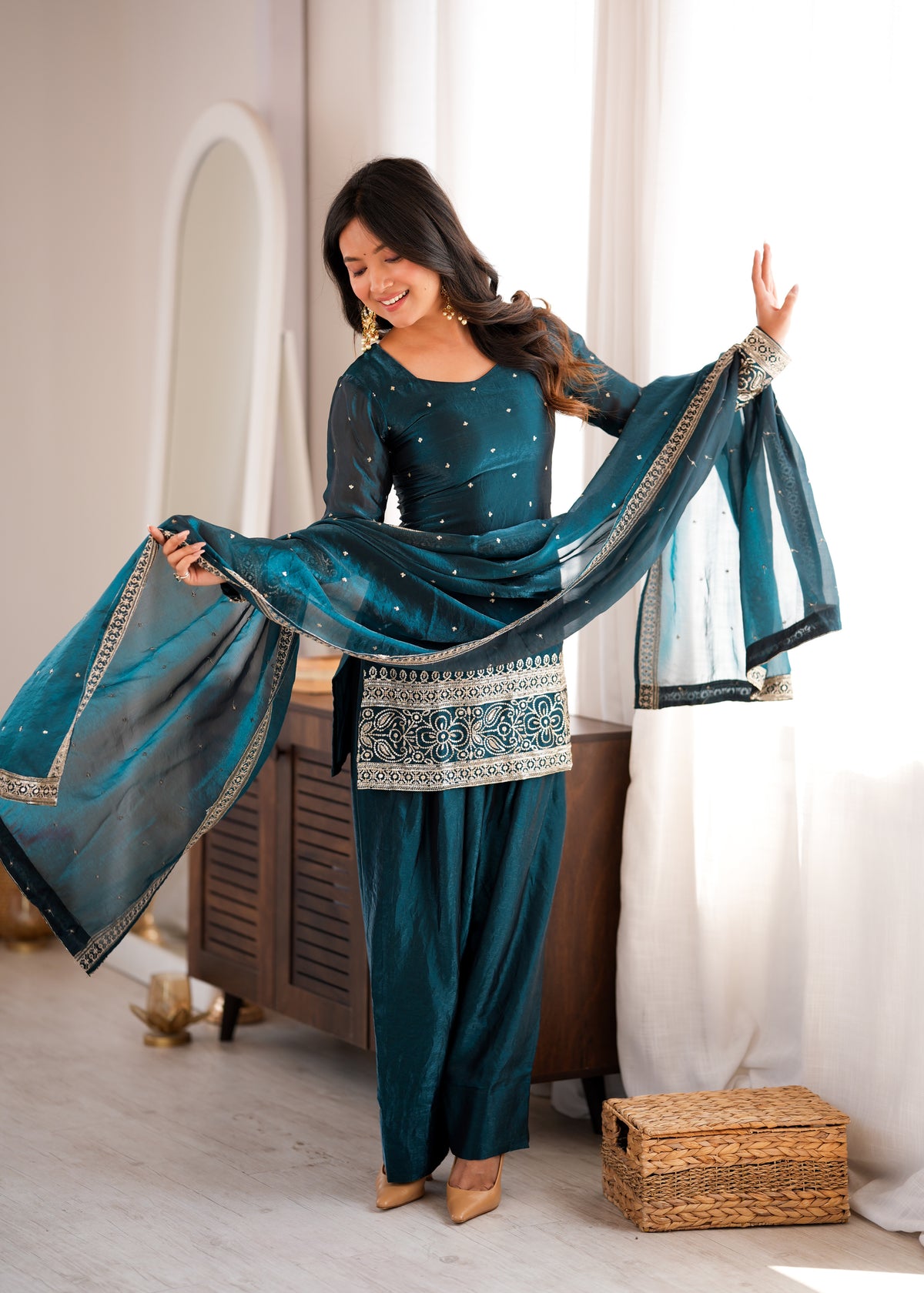 Deep Teal Blue Fendy Silk Embroidered Kurta with Farshi Salwar & Dupatta Set