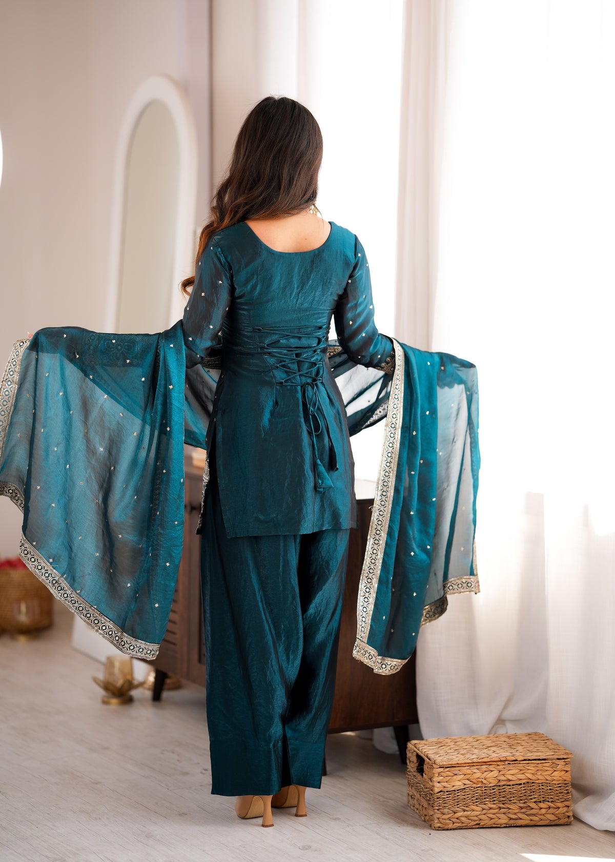 Deep Teal Blue Fendy Silk Embroidered Kurta with Farshi Salwar & Dupatta Set