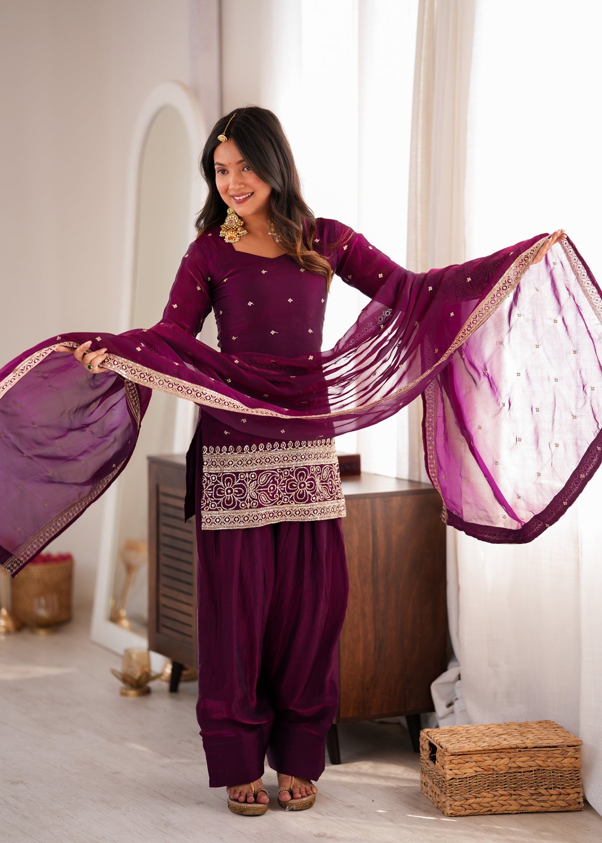Wine Purple Fendy Silk Embroidered Kurta with Farshi Salwar & Dupatta Set