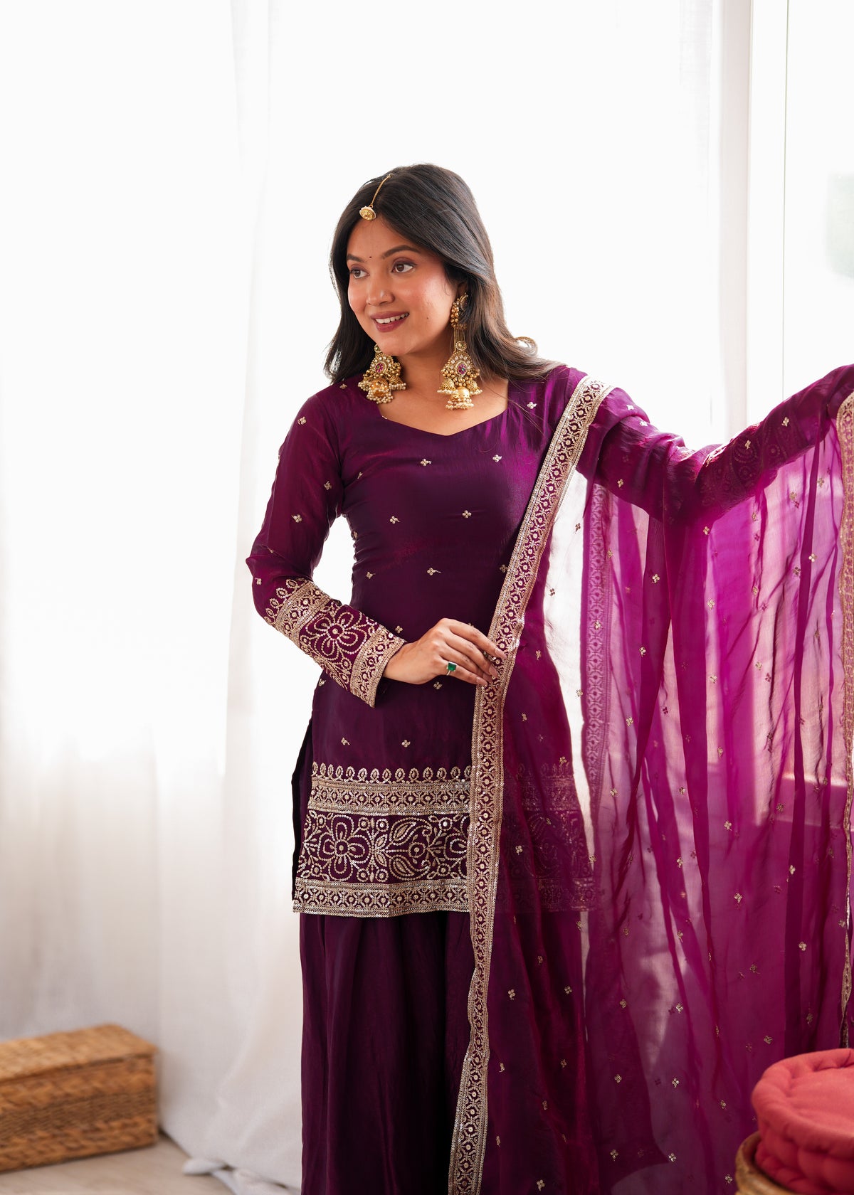 Wine Purple Fendy Silk Embroidered Kurta with Farshi Salwar & Dupatta Set