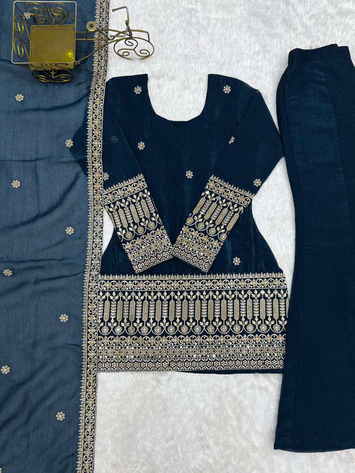 Teal Blue Crunchy Silk Embroidered Kurta with Bell Bottom Pants & Dupatta Set
