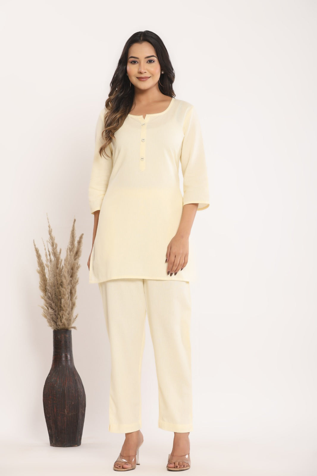 Women’s Cream Cotton Blend Kurta & Pant Co-Ord Set – Everyday Comfort Wear