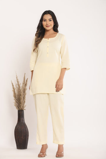 Women’s Cream Cotton Blend Kurta & Pant Co-Ord Set – Everyday Comfort Wear