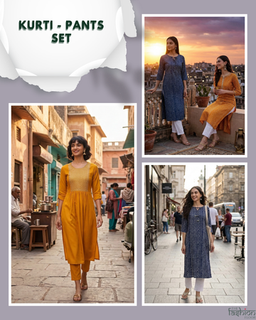 Collage of women wearing kurti and pants sets in various settings.