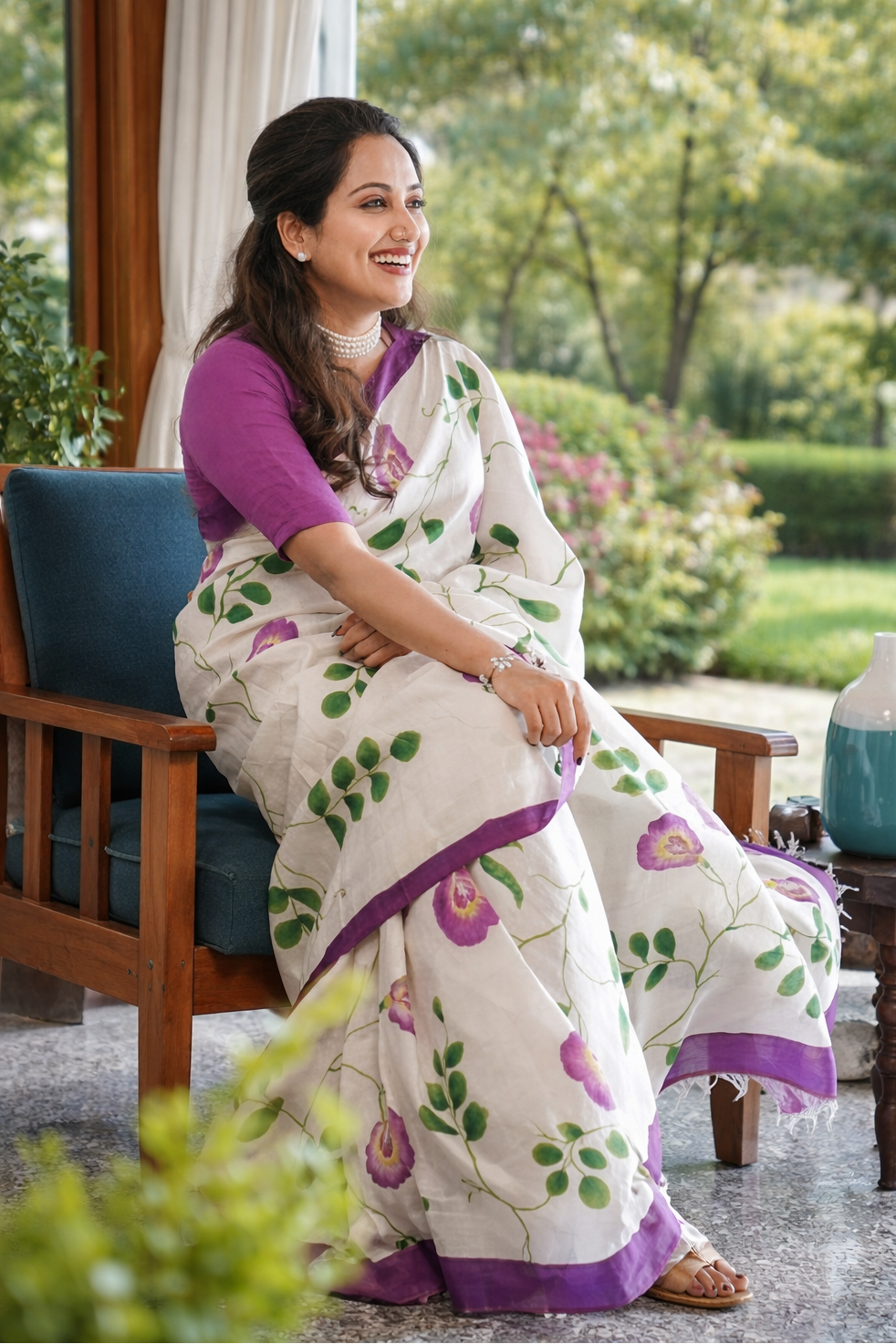 Elegant White Linen Cotton Saree with Lavender Floral Vine Design & Border