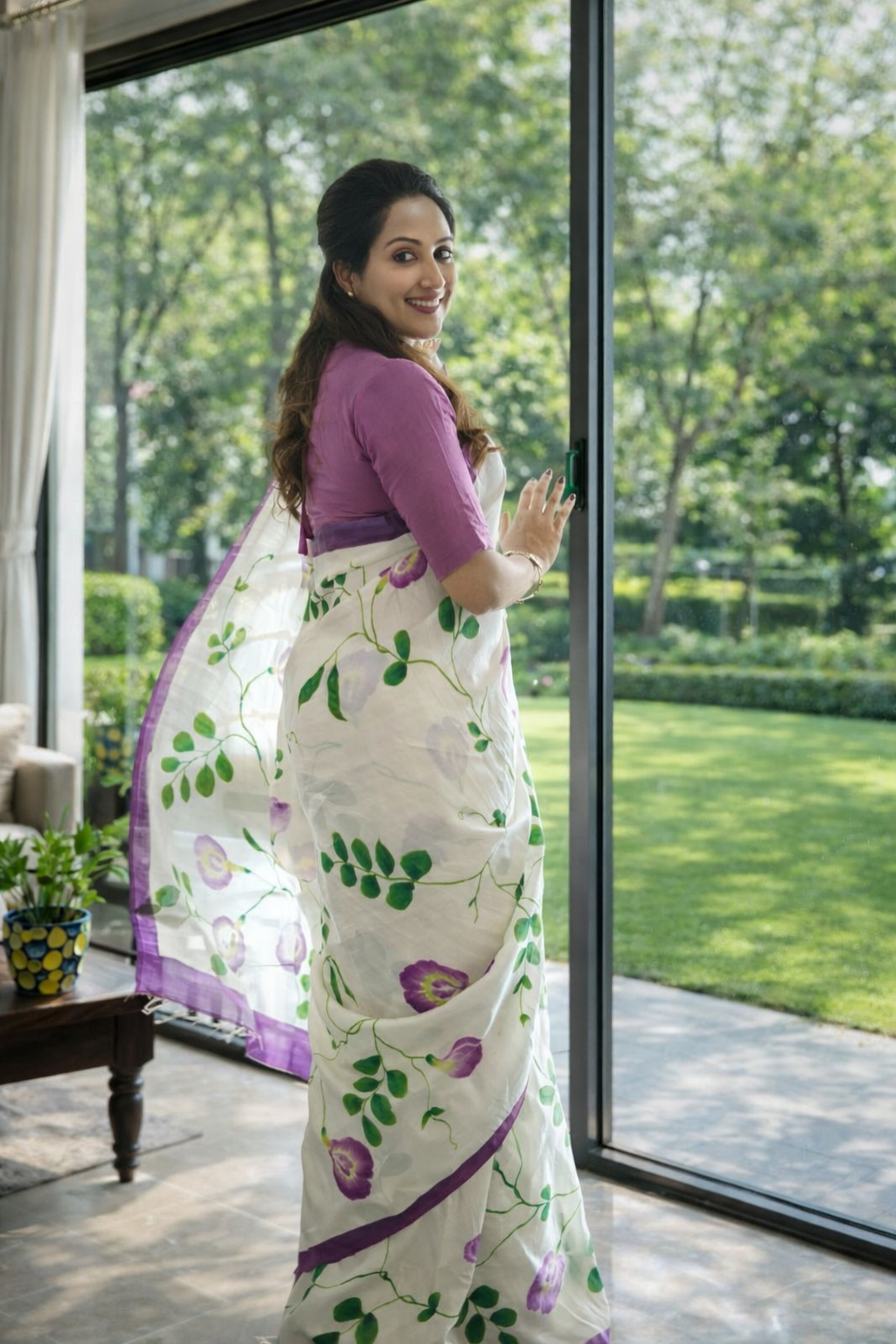 Elegant White Linen Cotton Saree with Lavender Floral Vine Design & Border