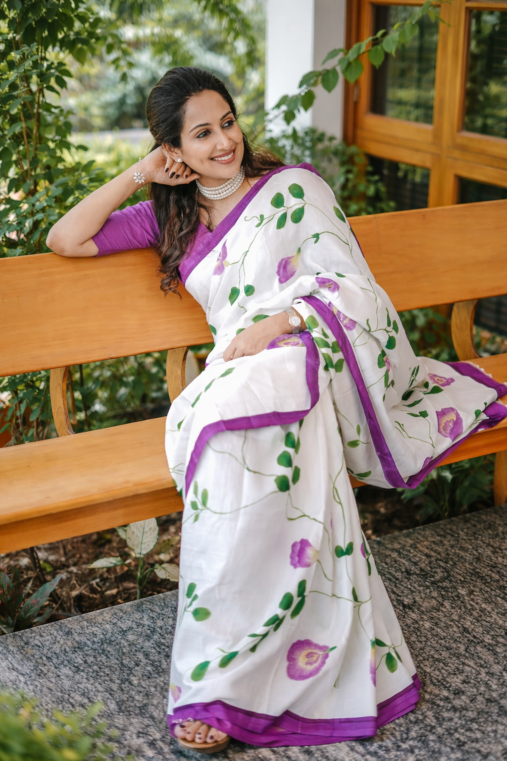 Elegant White Linen Cotton Saree with Lavender Floral Vine Design & Border