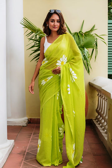 Trendy Lime Green Linen Cotton Saree with White Daisy Floral Print
