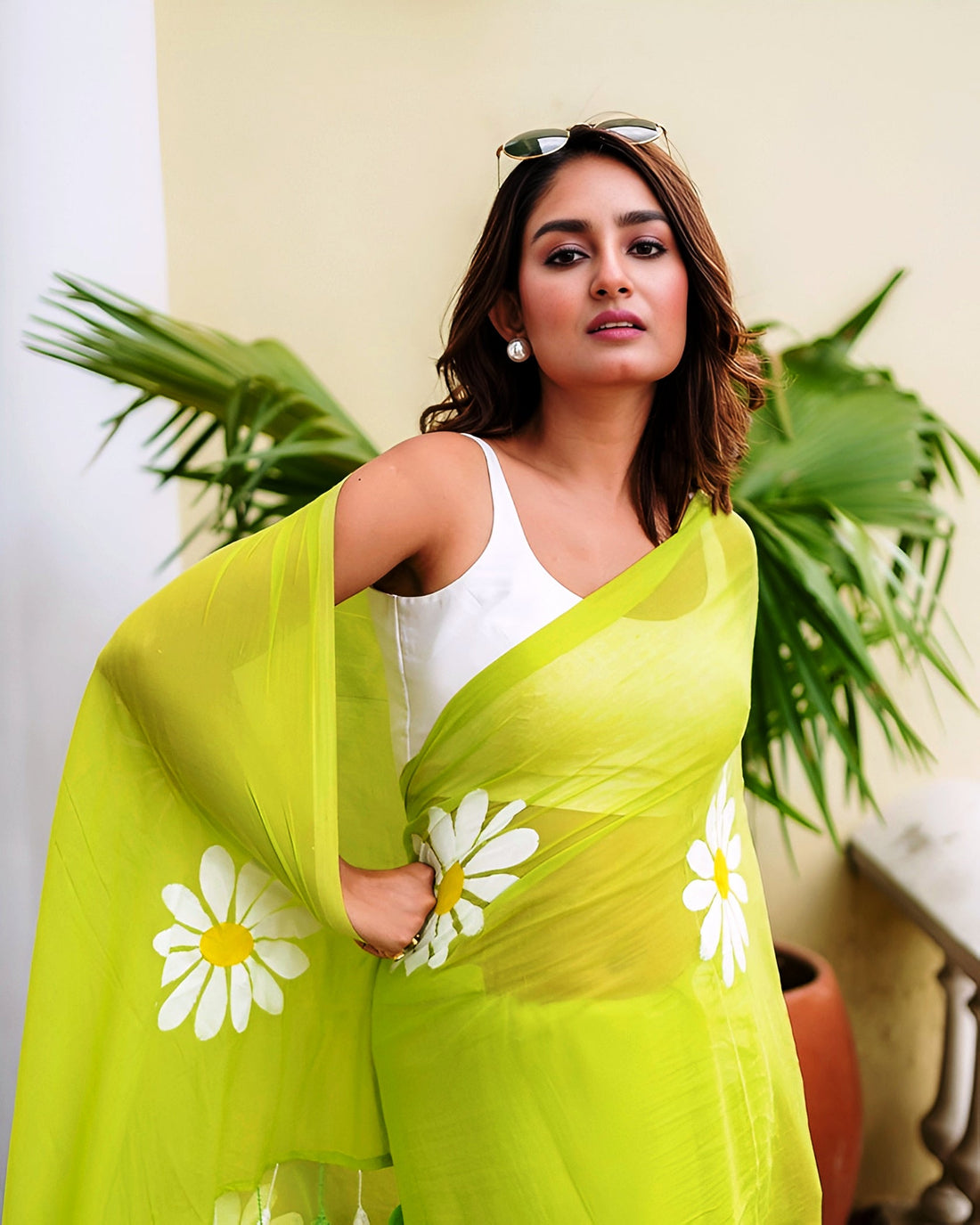 Trendy Lime Green Linen Cotton Saree with White Daisy Floral Print
