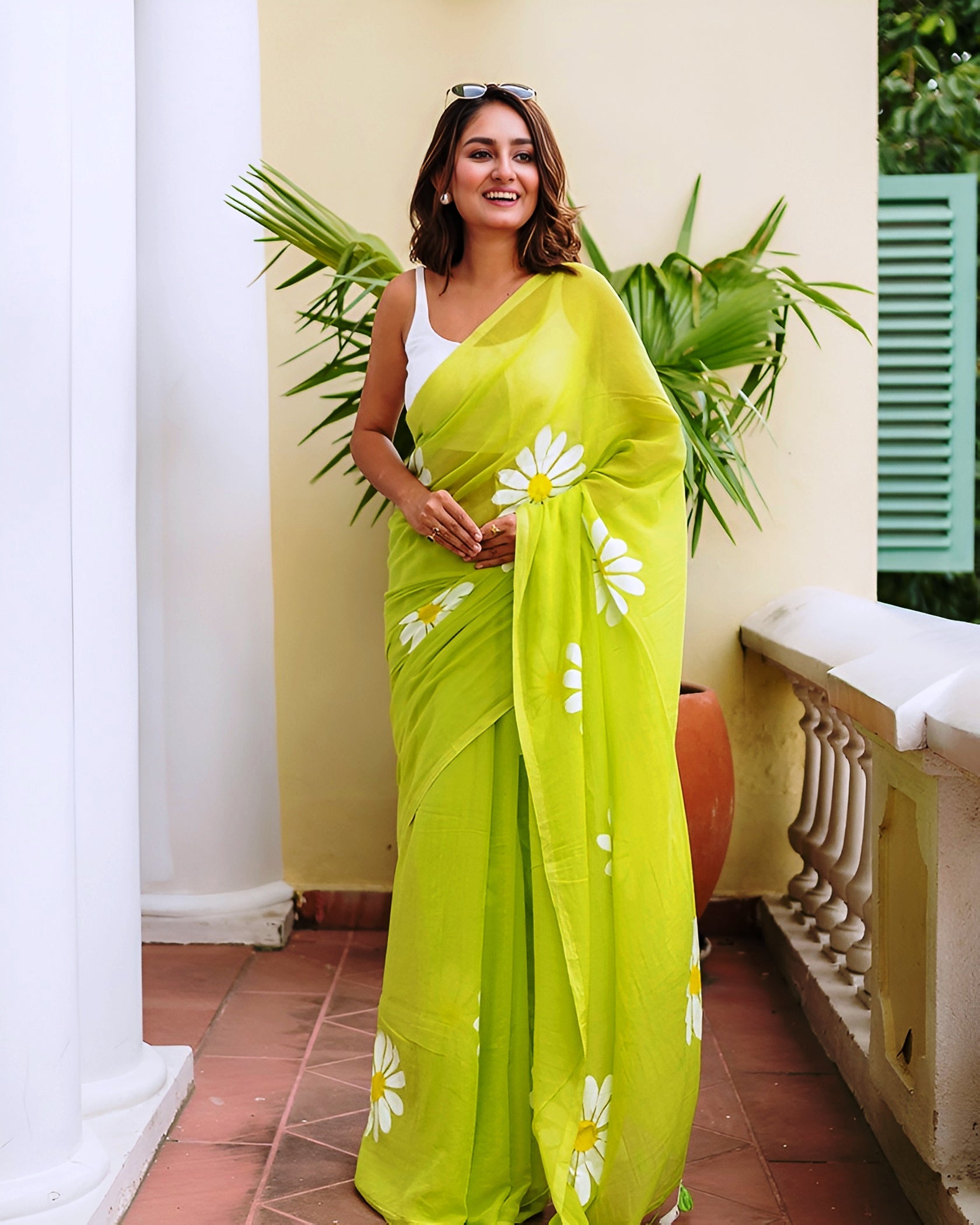 Trendy Lime Green Linen Cotton Saree with White Daisy Floral Print