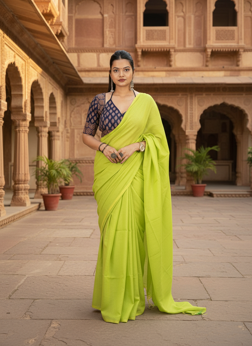 Lime Green Khadi Cotton Saree with Embroidered & Stitched Blouse