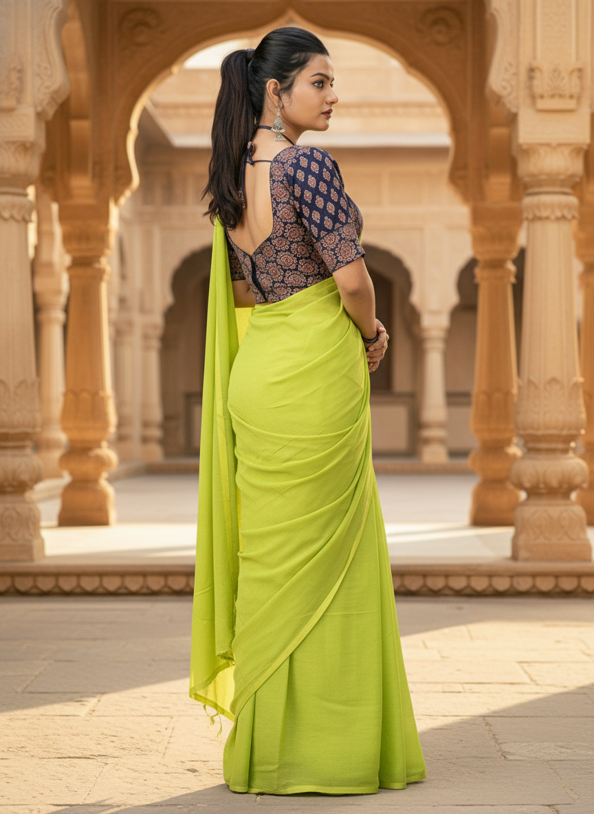 Lime Green Khadi Cotton Saree with Embroidered & Stitched Blouse