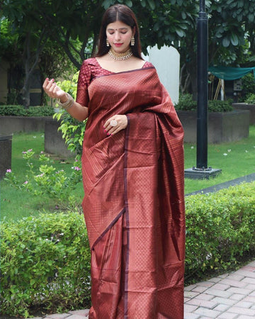 Rich Maroon Copper Woven Silk Blend Saree with Geometric Border