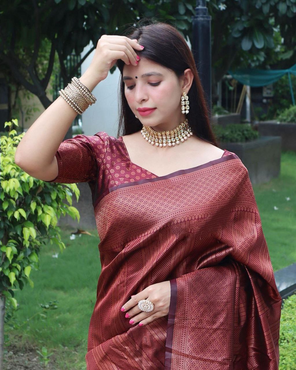 Rich Maroon Copper Woven Silk Blend Saree with Geometric Border