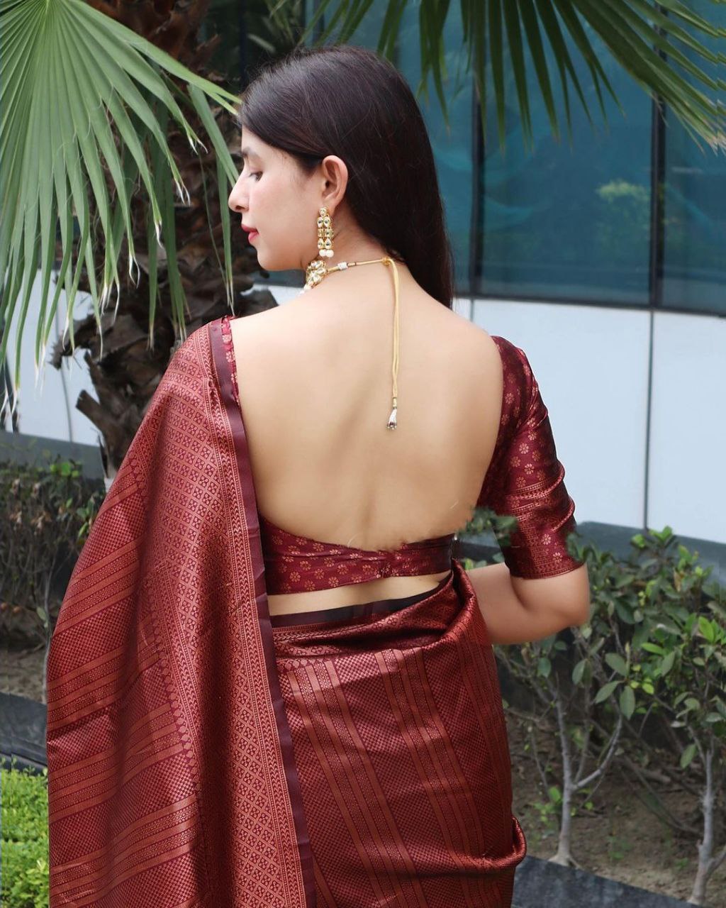 Rich Maroon Copper Woven Silk Blend Saree with Geometric Border