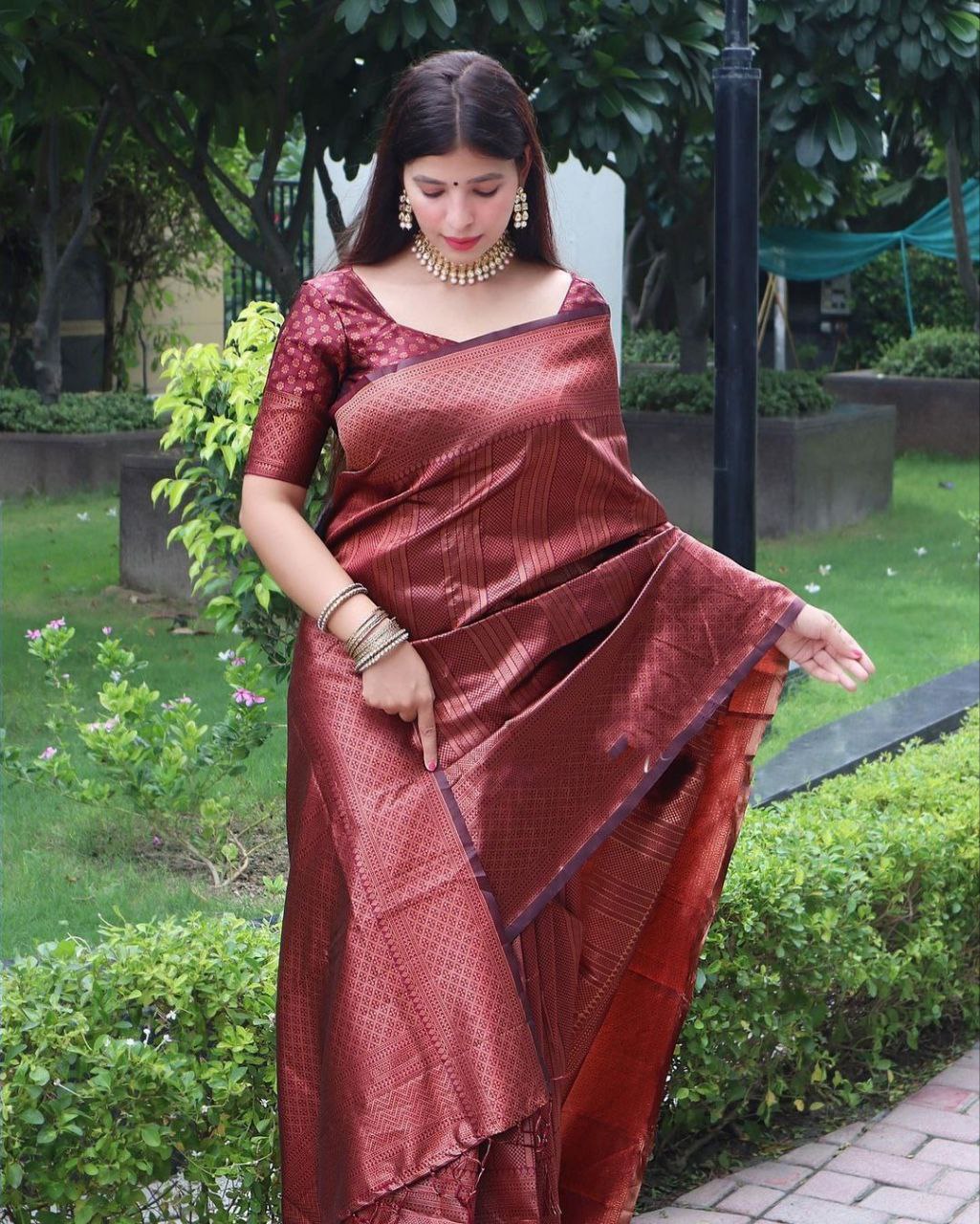 Rich Maroon Copper Woven Silk Blend Saree with Geometric Border